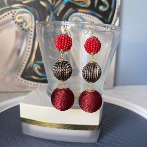 Burgundy Maroon and Bronze three bead dangle earrings for pierced ears